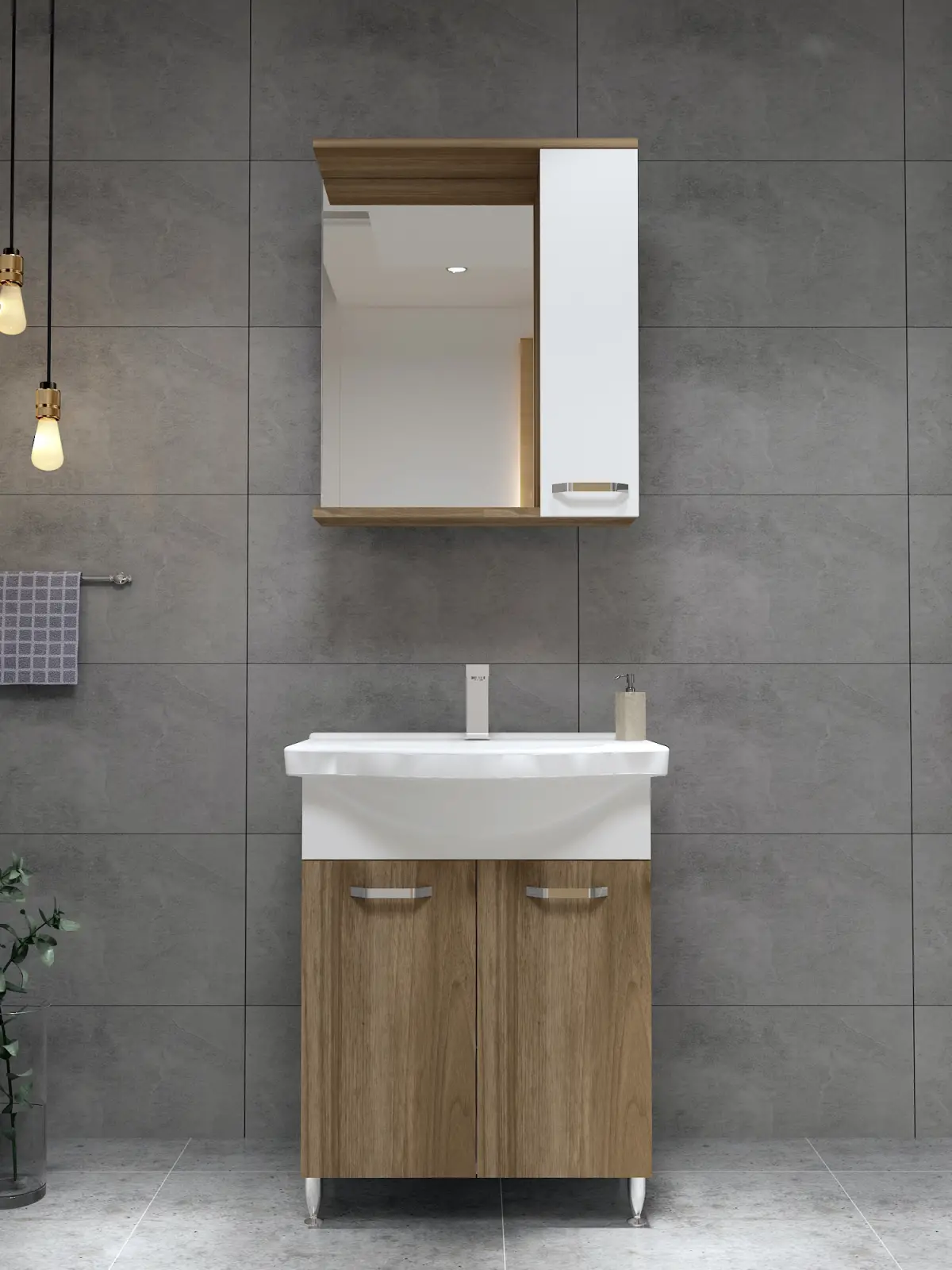 Vera Bathroom Top-Bottom Washbasin Cabinet Mirror, Sink & Side Cabinet Set - Walnut & White