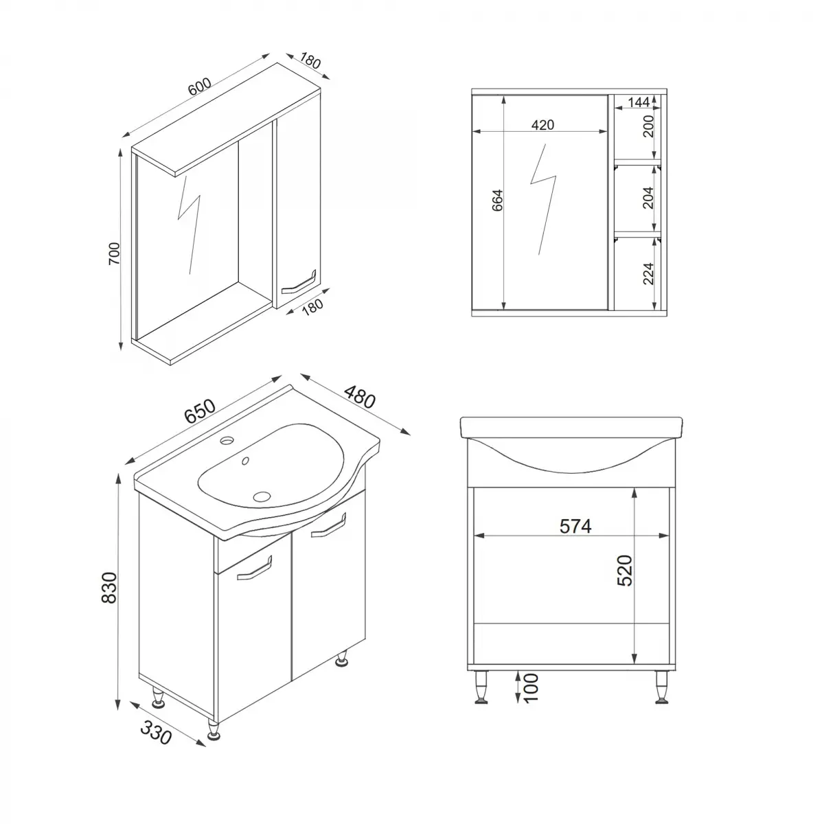 Vera Bathroom Top-Bottom Washbasin Cabinet with Mirror, Sink & Side Cabinet Set - White