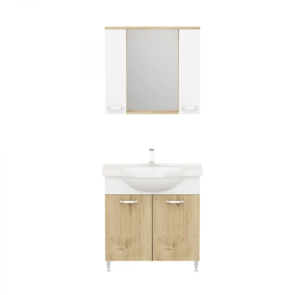Vera Bathroom Top-Bottom Washbasin Cabinet with Mirror, Sink & Side Cabinet Set - Oak & Whit