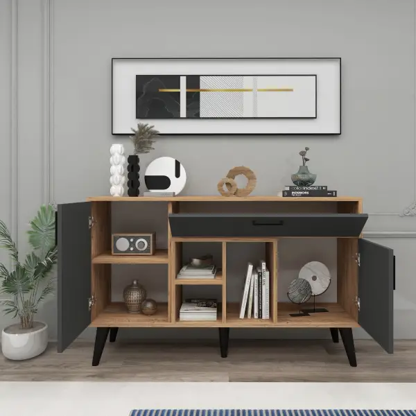 Timo Sideboard with Cabinets and Shelves - Atlantic Pine & Anthracite