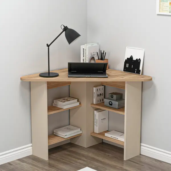 Corner Computer Desk with Shelves - Atlantic Pine & Beige