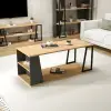 Lissa Coffee Table with Iron Legs and Shelves - Sapphire Oak & Anthracite