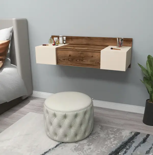 Bertus Wall Mounted Makeup Vanity Table with Mirror - Light Walnut & Beige