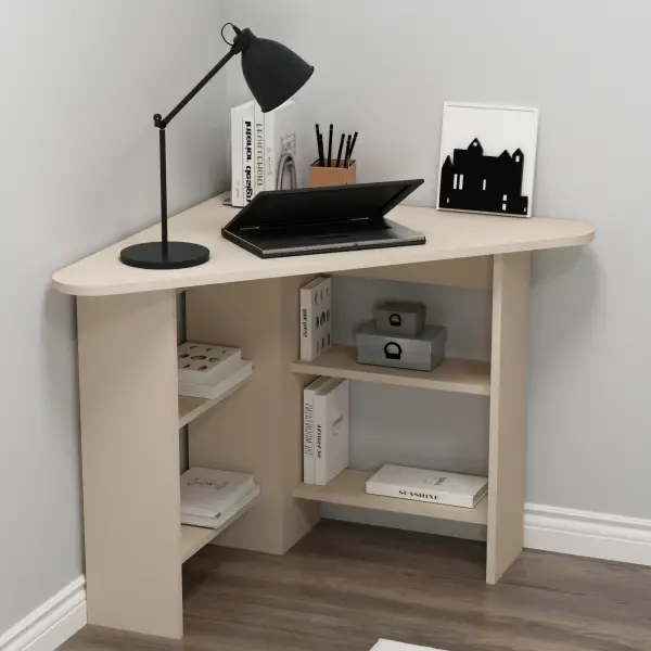 Corner Computer Desk with Shelves - Beige