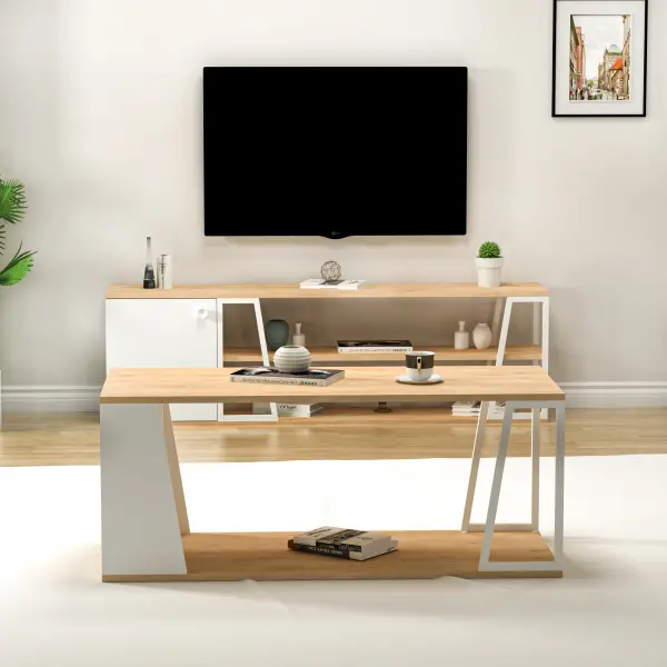 Lissa Coffee Table with Iron Legs and Shelves - Sapphire Oak & White