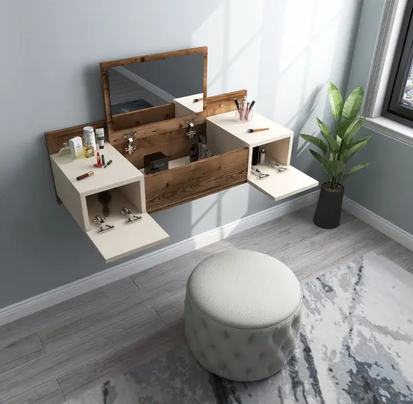 Bertus Wall Mounted Makeup Vanity Table with Mirror - Light Walnut & Beige