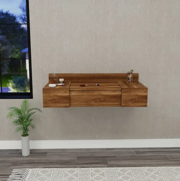 Bertus Wall Mounted Makeup Vanity Table with Mirror - Light Walnut