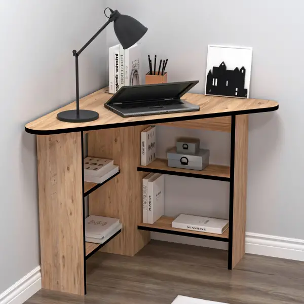 Corner Computer Desk with Shelves - Atlantic Pine With Black Band