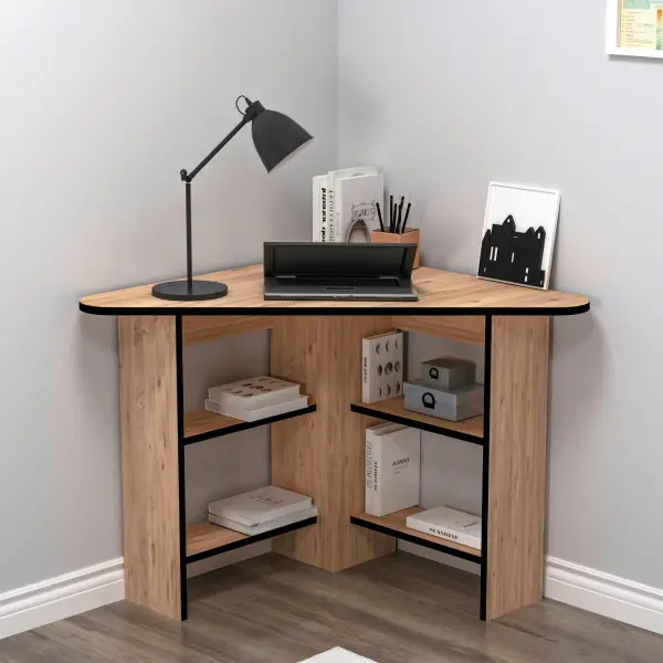 Corner Computer Desk with Shelves - Atlantic Pine With Black Band