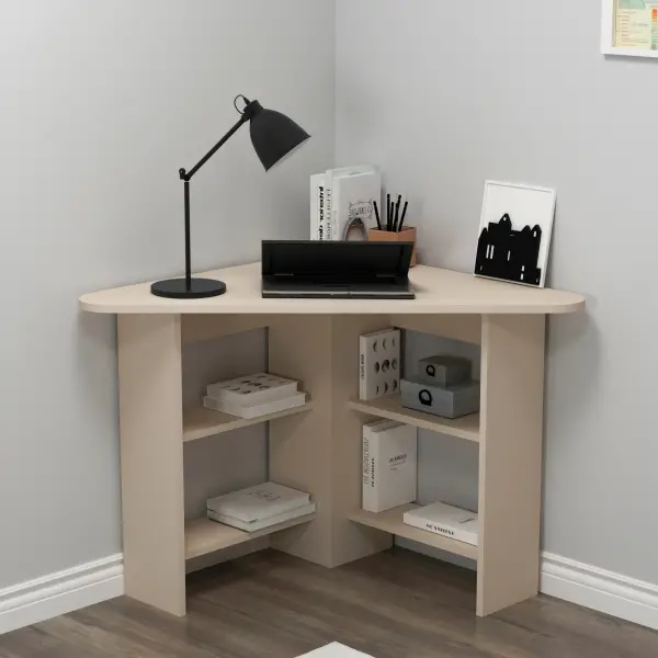 Corner Computer Desk with Shelves - Beige