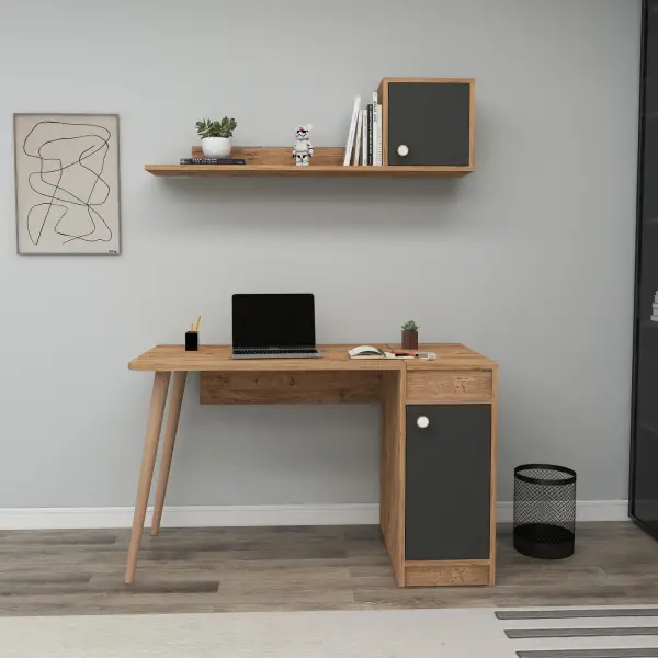 Egros Wooden Leg Desk - Atlantic Pine & Anthracite