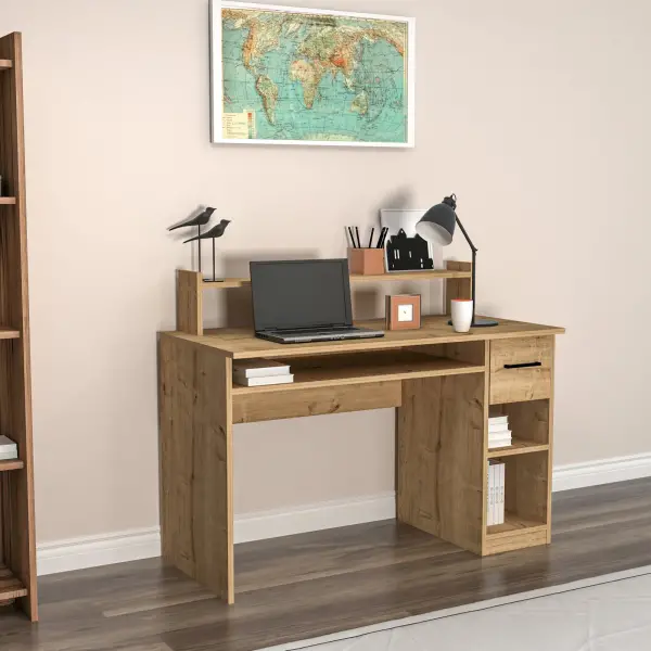 Milanos Computer Desk with Drawer and Shelves - Sapphire Oak