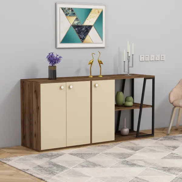 Avena Sideboard with Cabinets and Shelves - Light Walnut & Beige