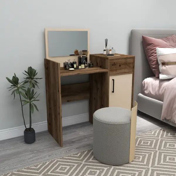 Sedef Makeup Vanity Table - Light Walnut & Beige