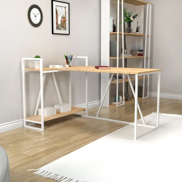 Lissa Corner Iron Leg Desk - Sapphire Oak & White