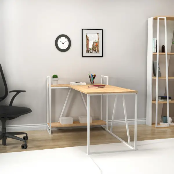 Lissa Corner Iron Leg Desk - Sapphire Oak & White