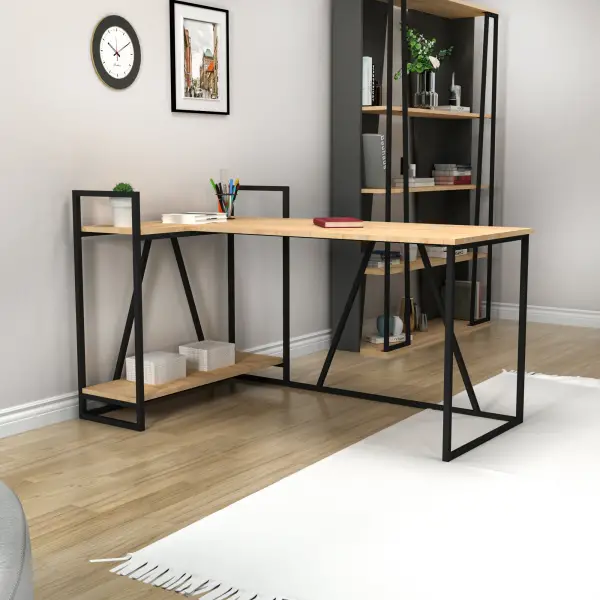 Lissa Corner Iron Leg Desk - Sapphire Oak & Black