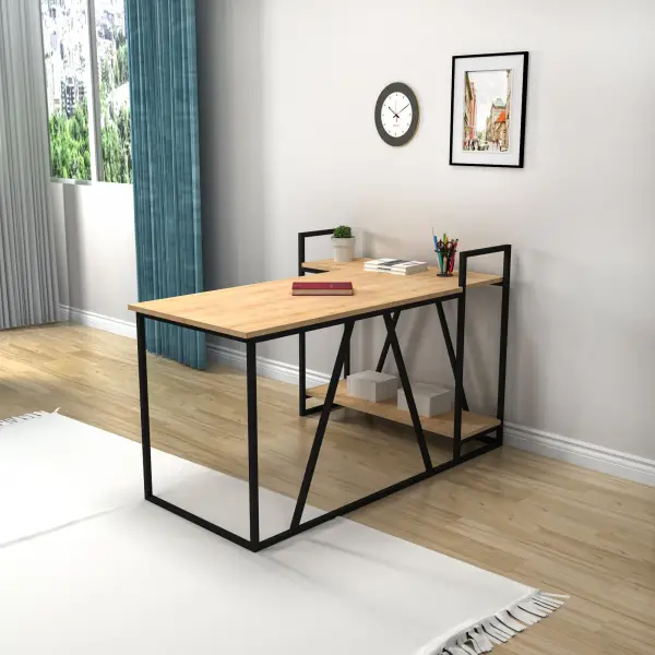 Lissa Corner Iron Leg Desk - Sapphire Oak & Black
