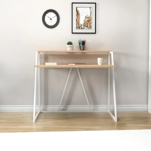 Lissa Iron Leg Desk with Shelf - Sapphire Oak & White