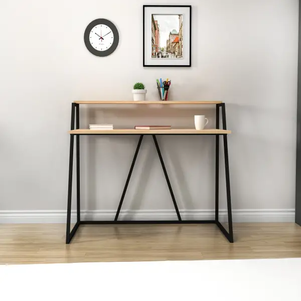 Lissa Iron Leg Desk with Shelf - Sapphire Oak & Black