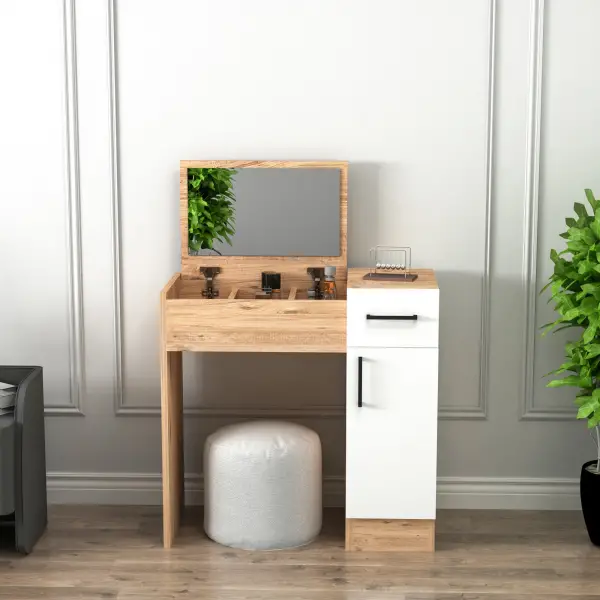 Agnes Makeup Vanity Table with Mirror - Atlantic Pine & White