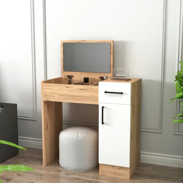 Agnes Makeup Vanity Table with Mirror - Atlantic Pine & White