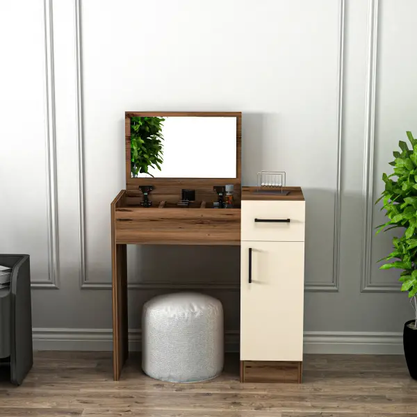 Agnes Makeup Vanity Table with Mirror - Light Walnut & Beige