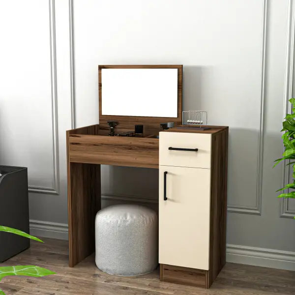 Agnes Makeup Vanity Table with Mirror - Light Walnut & Beige