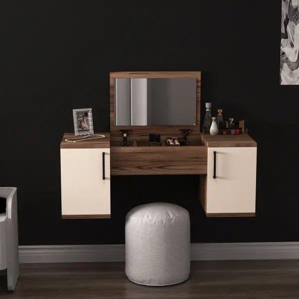 Marie Wall Mounted Makeup Vanity Table with Mirror - Light Walnut - Bej