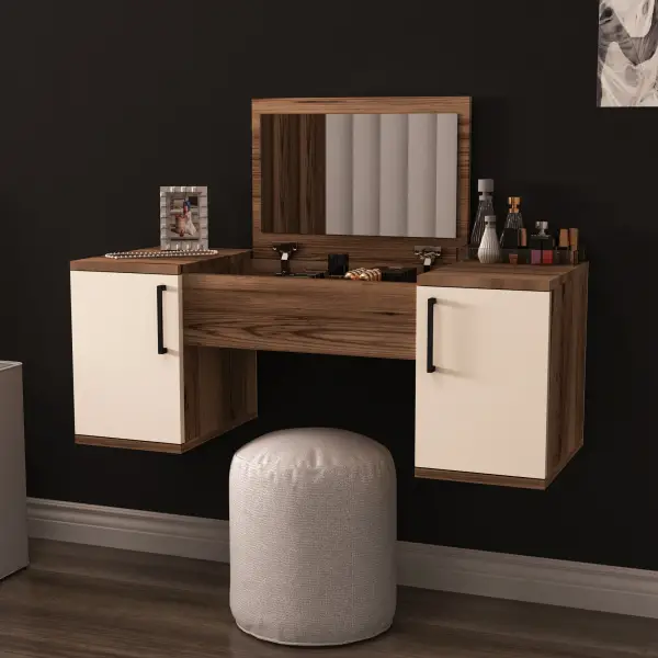 Marie Wall Mounted Makeup Vanity Table with Mirror - Light Walnut - Bej