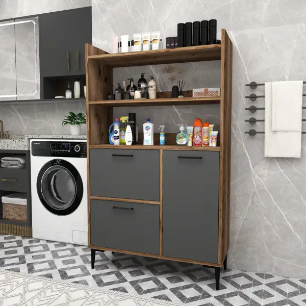 Caleb Multi-Purpose Bathroom Cabinet - Light Walnut & Anthracite