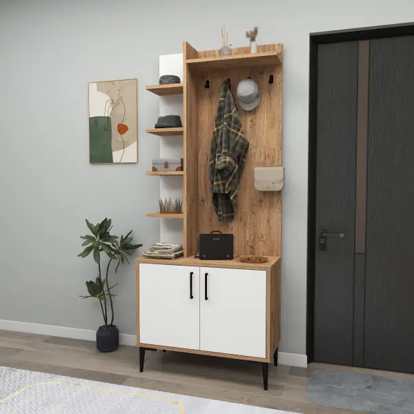 Lefteris Hallway Coat Rack with Shelves - Atlantic Pine & White