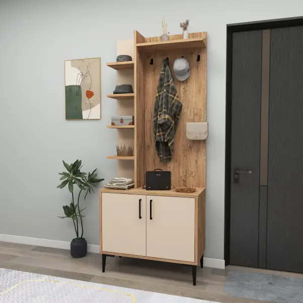 Lefteris Hallway Coat Rack with Shelves - Atlantic Pine & Beige