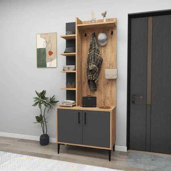 Lefteris Hallway Coat Rack with Shelves - Atlantic Pine & Anthracite