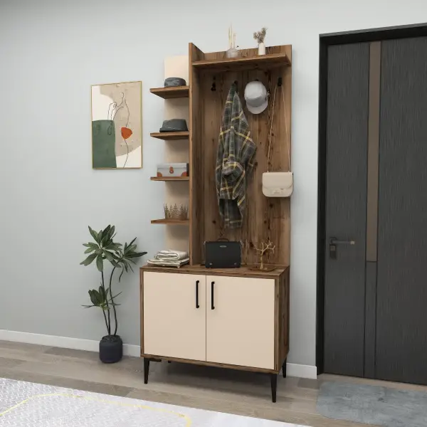 Lefteris Hallway Coat Rack with Shelves - Light Walnut & Beige
