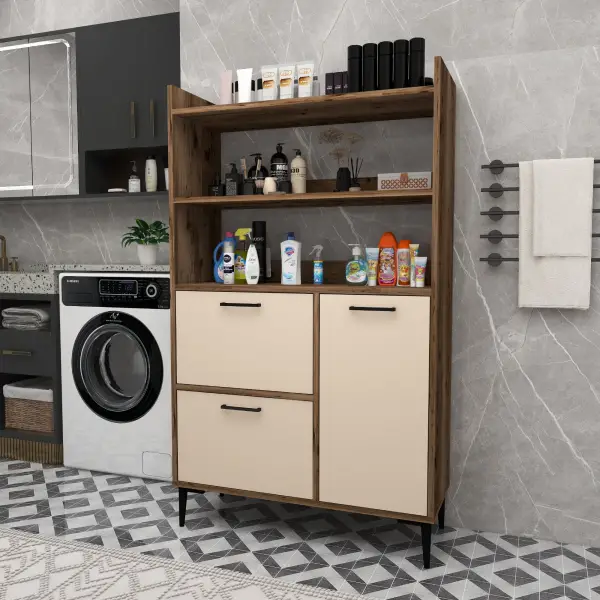 Caleb Multi-Purpose Bathroom Cabinet - Light Walnut & Beige