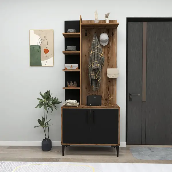 Lefteris Hallway Coat Rack with Shelves - Light Walnut & Black