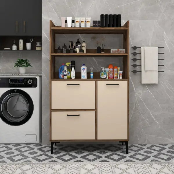 Caleb Multi-Purpose Bathroom Cabinet - Light Walnut & Beige
