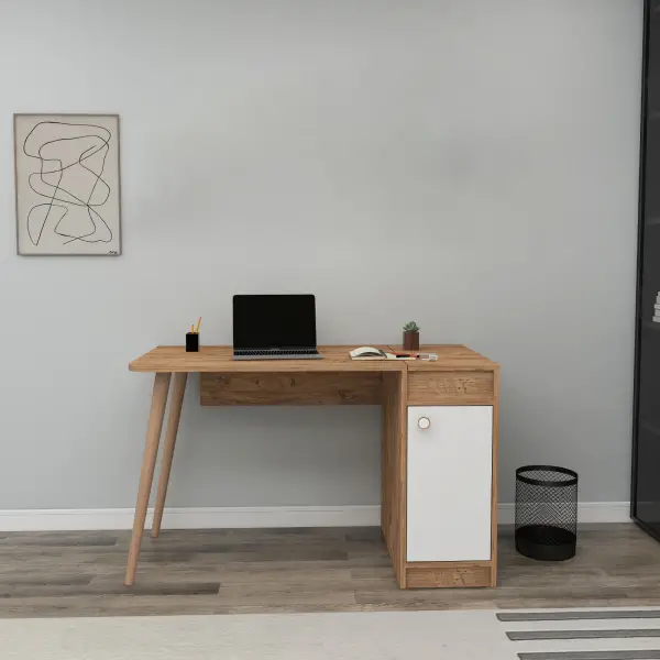 Noya Wooden Leg Desk - Atlantic Pine & White