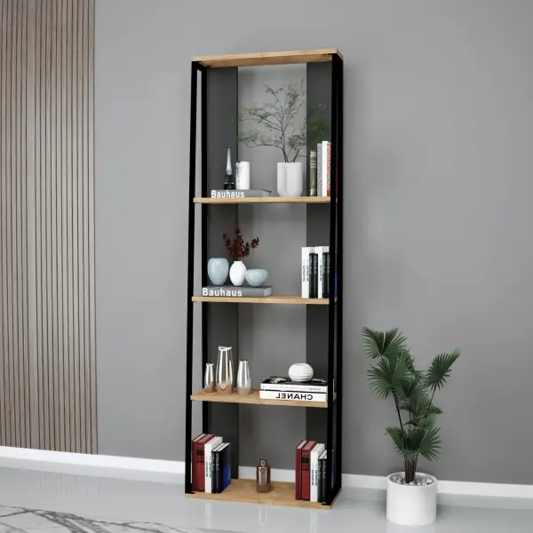 Alis Bookcase with Metal Frame - Sapphire Oak & Anthracite